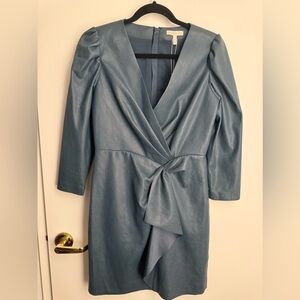 Rebecca Taylor Blue Vegan Leather 3/4 Sleeve Twist Wrap Mini Dress Classy  - 4